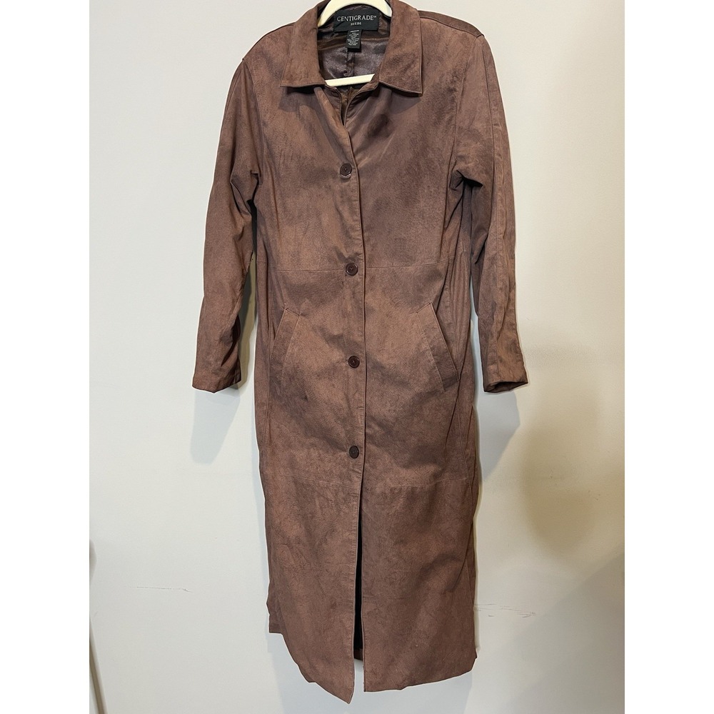 Centigrade Long Trench Coat Jacket Large Washable Suede Leather VTG Button Up M